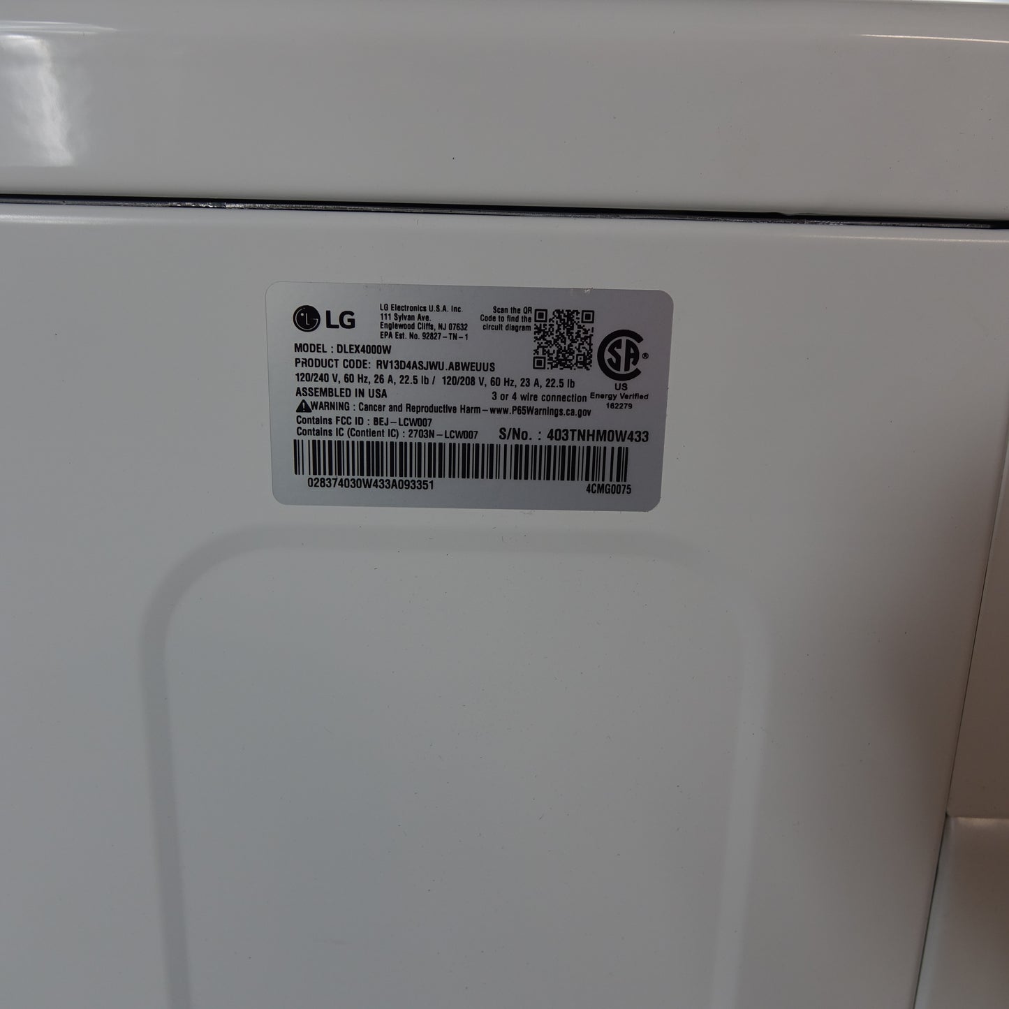 LG TurboSteam 7.4cu Stackable Vented SMART Electric Dryer - DLEX4000W