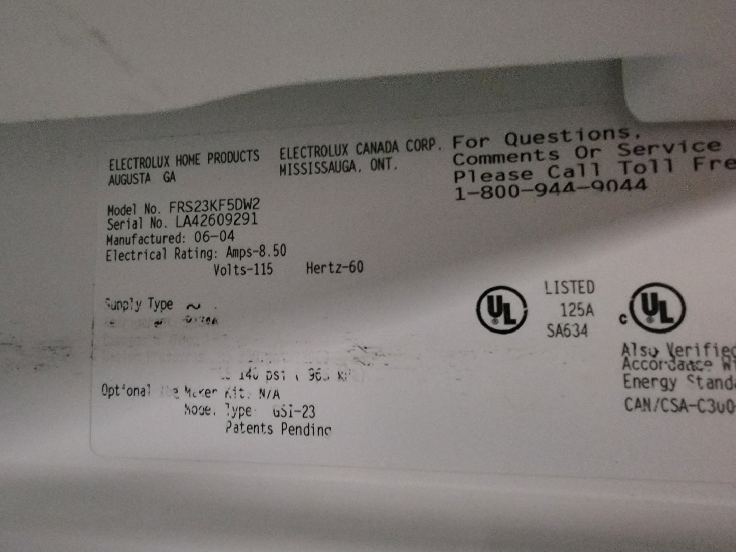 Frigidaire Side-by-Side Refrigerator /w Dispensor - FRS23KF5DW2