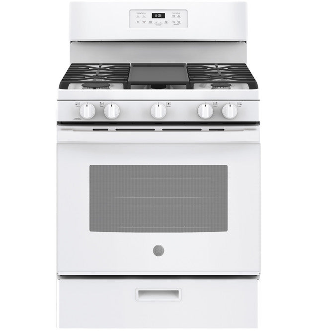GE 30" Free-Standing Gas Range 5-Burner, Continuous Grates w/ Griddle (White)