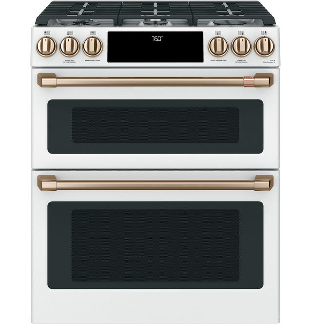Cafe 30" Smart Slide-In, Front-Control, Gas Double-Oven Range - CGS750P4MW2