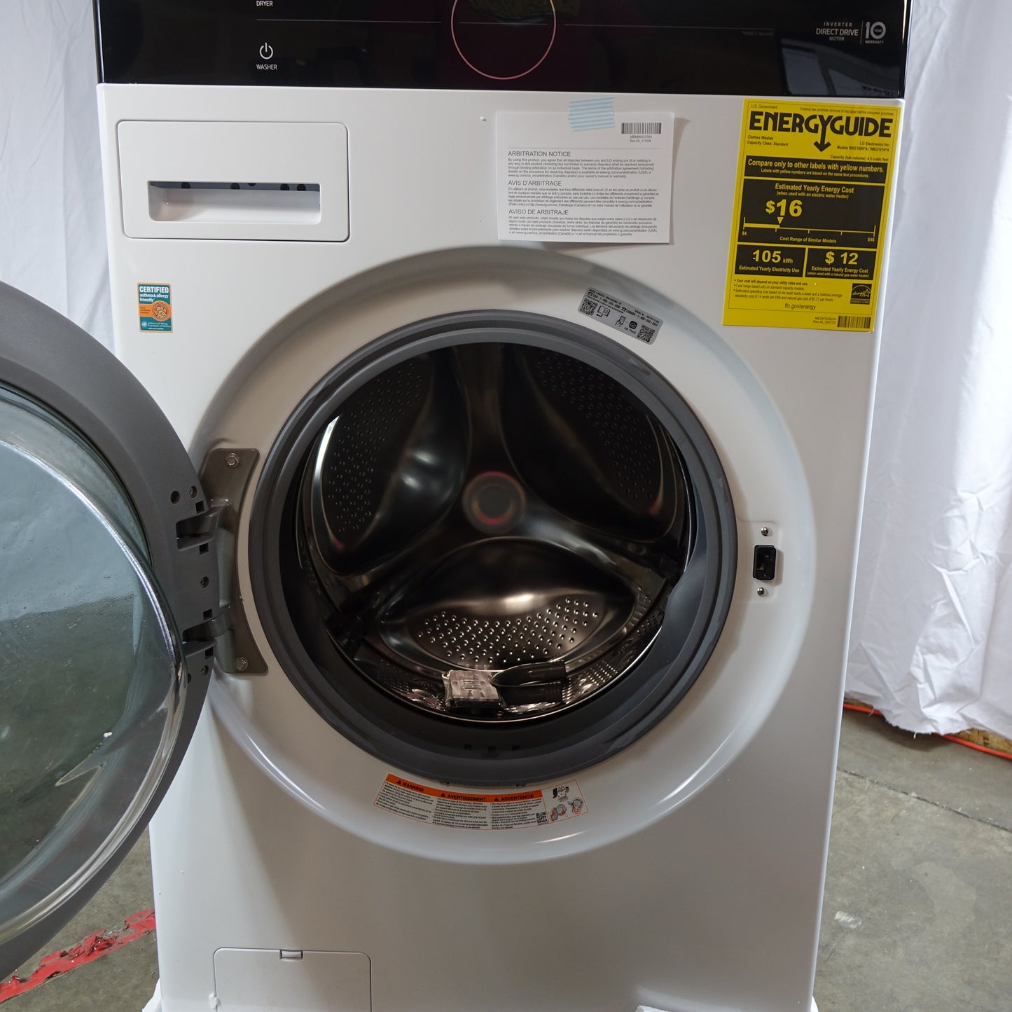 LG Stacked Laundry Center Front Load 4.5cu Washer & 7.4cu Electric Dryer (White)
