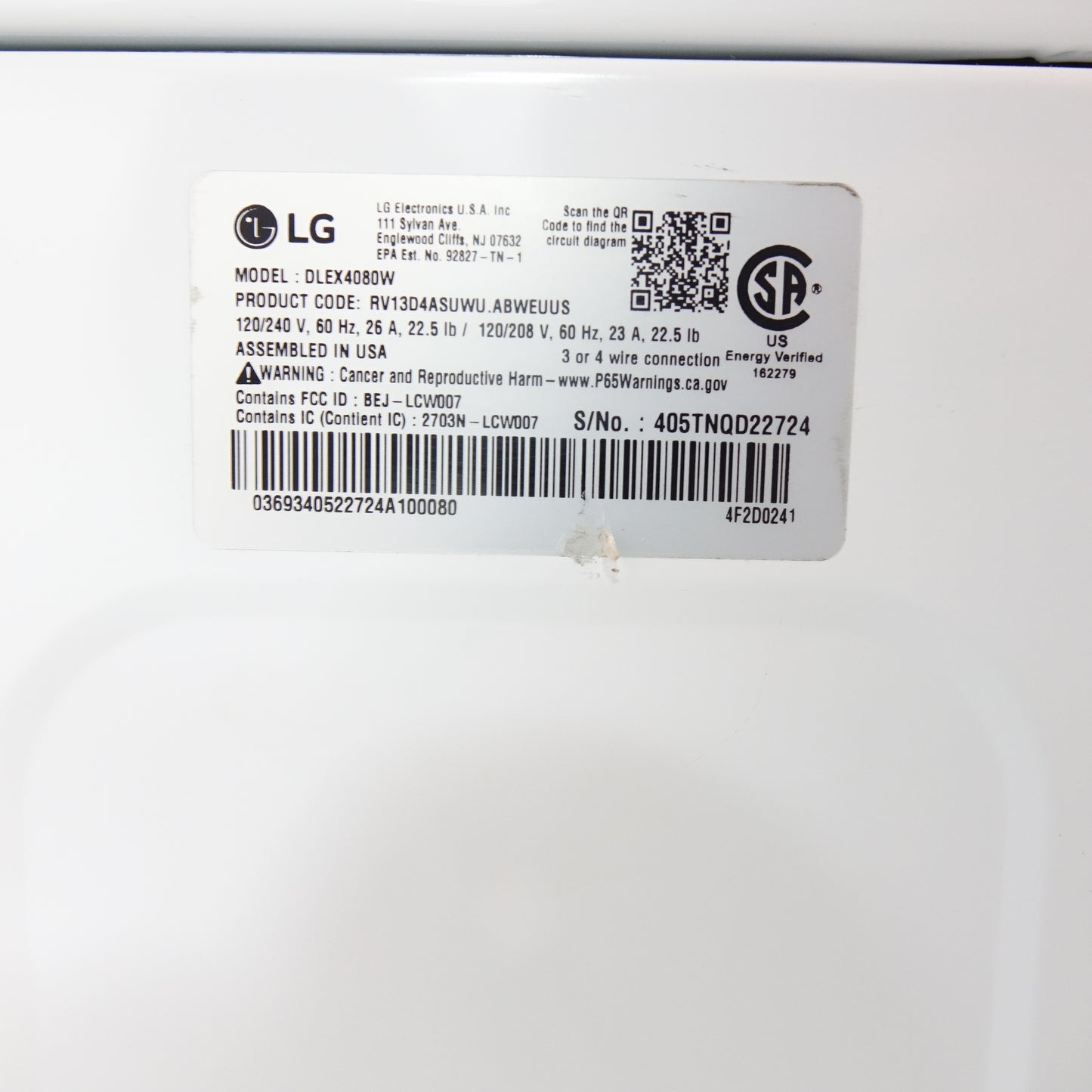 LG 4.5cu Stackable Front Load Washer & 7.4cu Electric Dryer - White