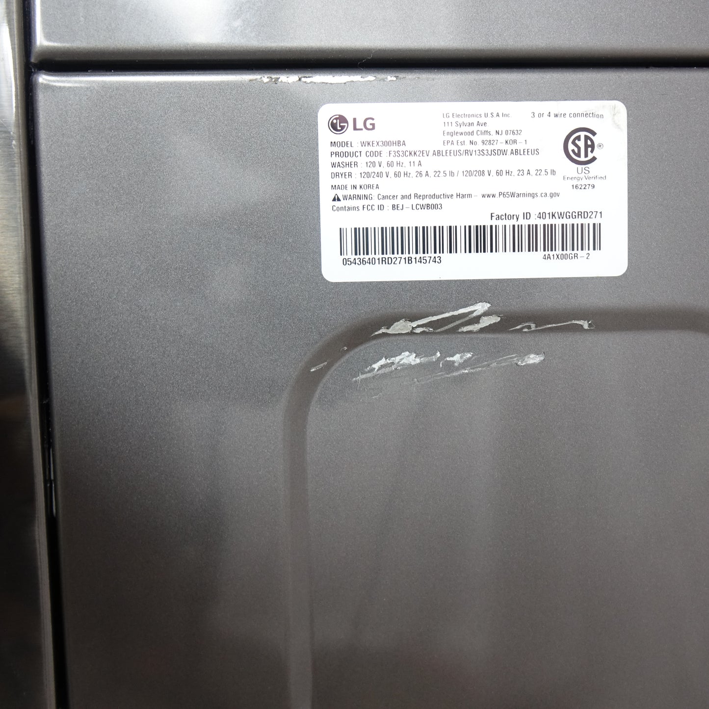 LG Stacked WashTower Front Load 5.0cu Washer & 7.4cu Electric Dryer (Black Steel