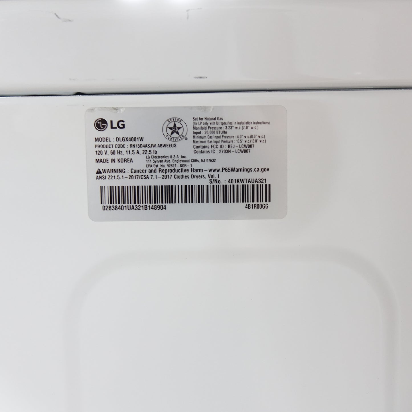 LG TurboSteam 7.4cu Stackable Gas Dryer w/ SMART Steam Dry - DLGX4001W