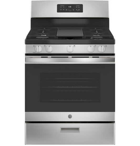 GE 30" Free-Standing Gas Range 5-Burner, Edge-to-Edge Grates, Integrated Griddle