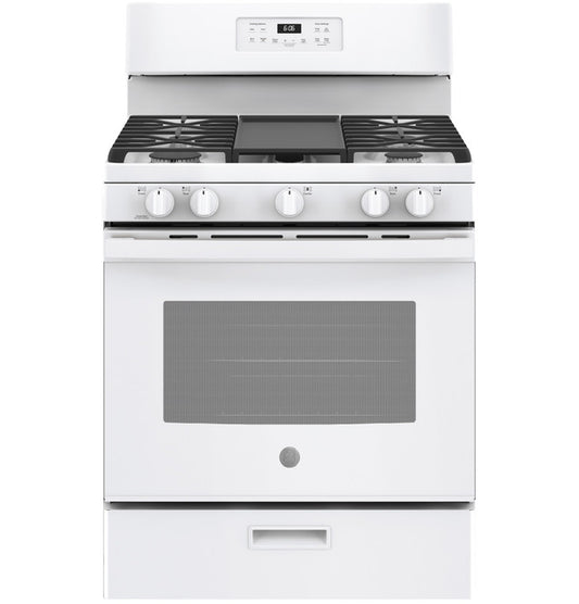 GE 30" Free-Standing Gas Range 5-Burner, Continuous Grates w/ Griddle (White)