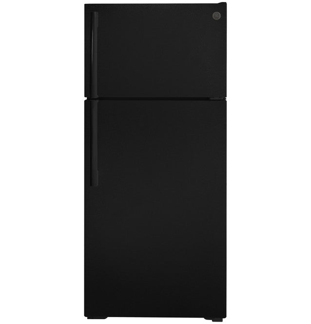 GE 28in 16.6Cu Ft Black Top-Freezer Refrigerator, Frost Free, Reversible Hidges