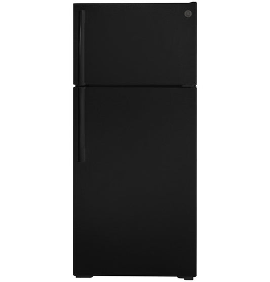 GE 28in 16.6Cu Ft Black Top-Freezer Refrigerator, Frost Free, Reversible Hidges