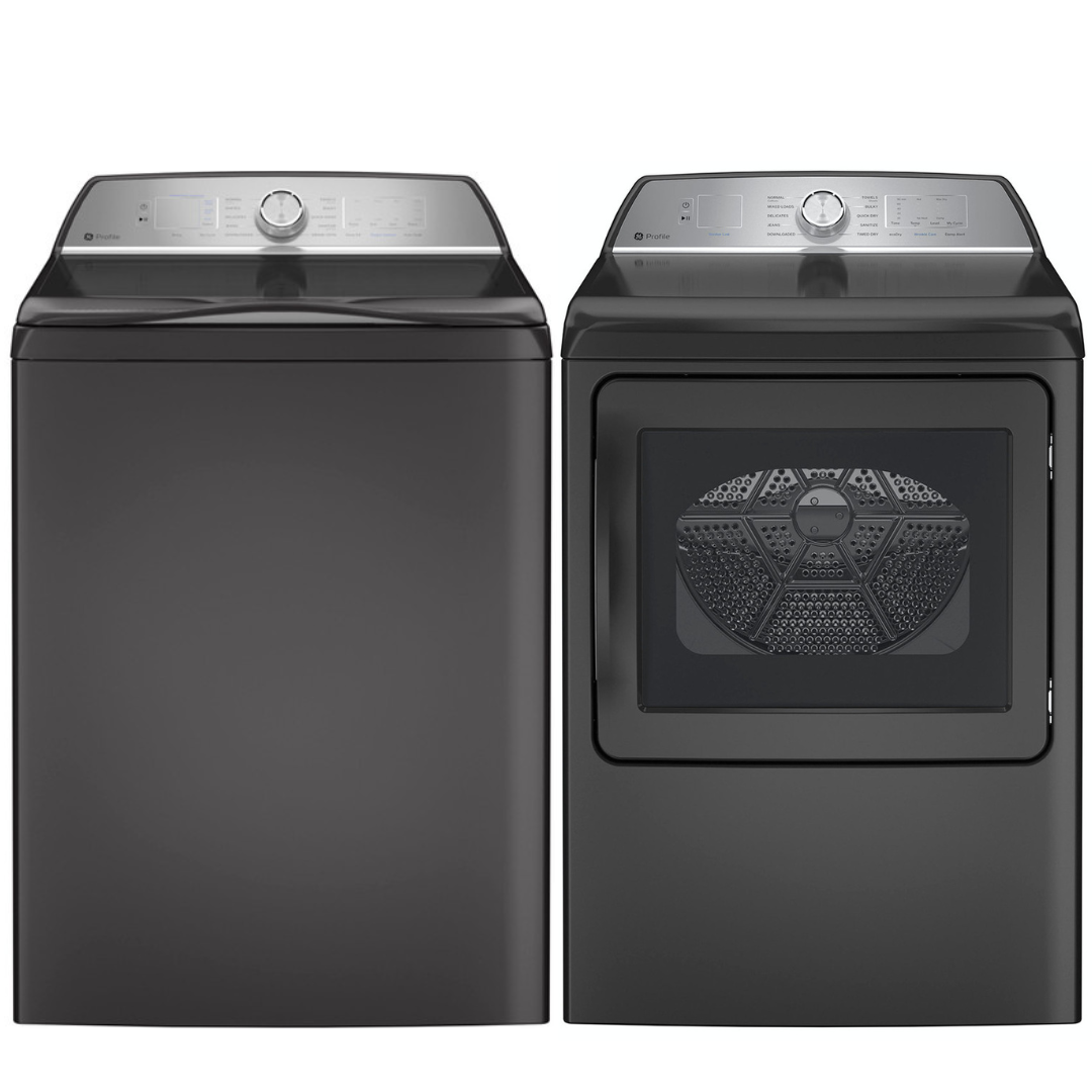 GE Profile 5.0Cu FlexDispense Washer & 7.4Cu Electric Dryer, Sanitize Sensor Dry