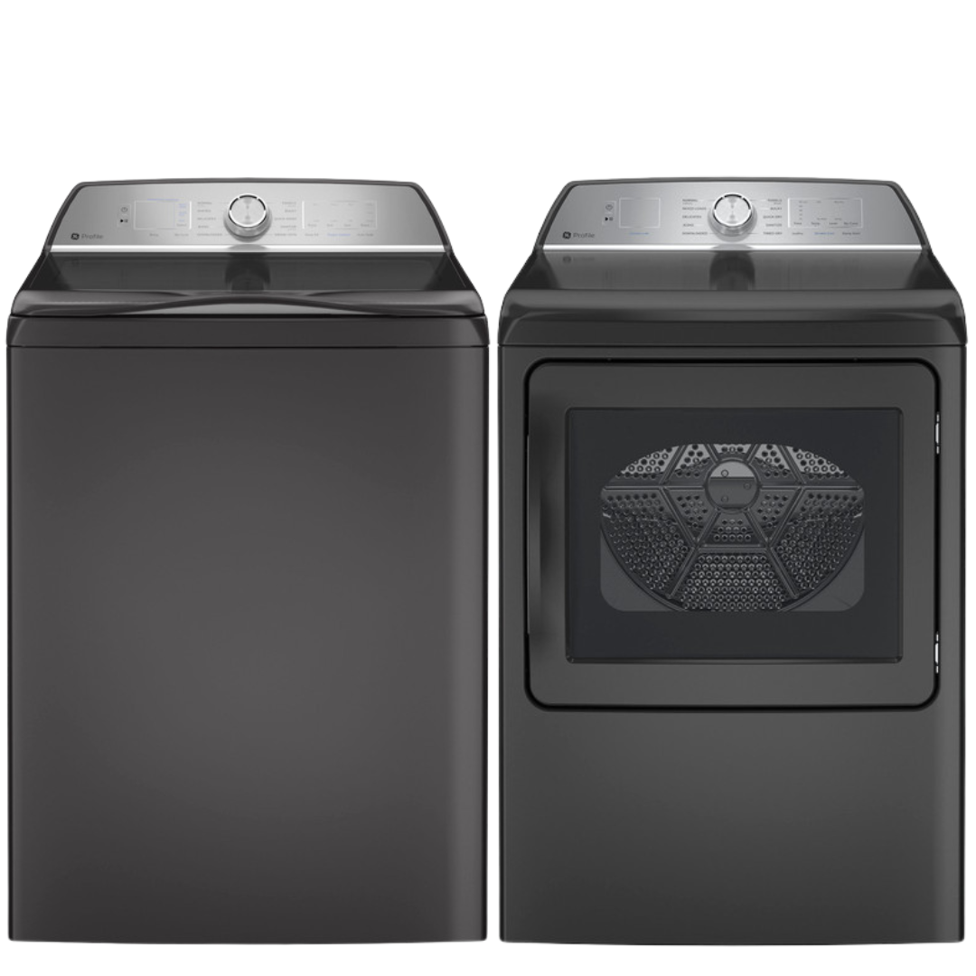 GE Profile 5.0Cu FlexDispense Washer & 7.4Cu Gas Dryer, Sanitize and Sensor Dry