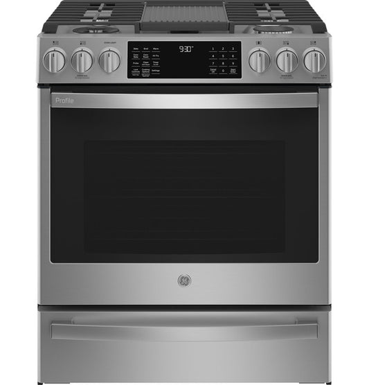 GE Profile Slide-In Front-Control Gas Range w No Preheat Air Fry - PGS930YPFS