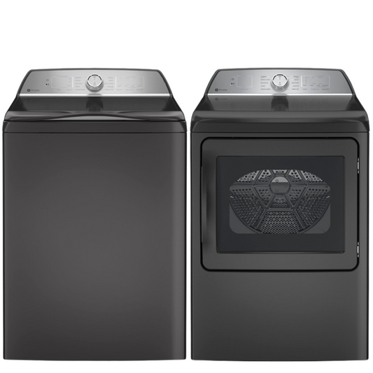 GE Profile 5.0Cu FlexDispense Washer & 7.4Cu Electric Dryer, Sanitize Sensor Dry